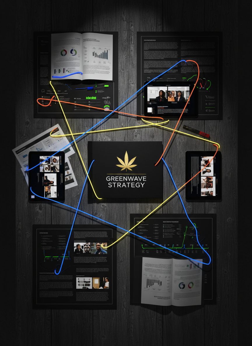 A dramatic flat lay of a bold marketing war room table: oversized black poster boards covered in connected neon string diagrams, printed analytics reports with highlighted sections, sleek tablets showing video storyboards, and a single distinctive cannabis leaf icon printed on a glossy pitch deck cover. The table is a dark charcoal wood, contrasting with vivid color accents. Overhead spotlighting creates intense pools of light and deep shadows, emphasizing the sense of high-stakes strategy. Photographic realism captured from a perfectly vertical bird’s-eye view, with sharp focus across the entire frame. The mood is decisive and energetic, conveying a fearless, data-meets-storytelling consulting approach without any human presence.